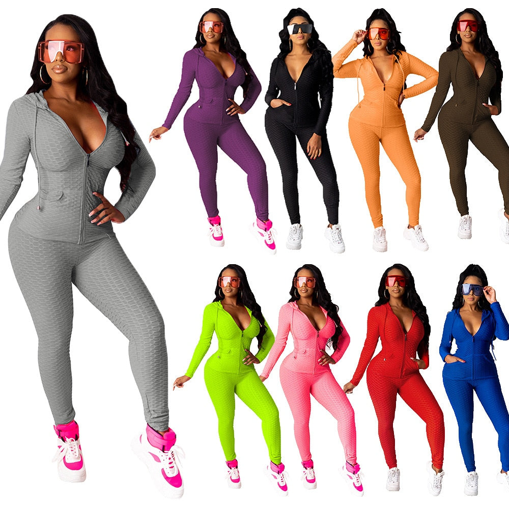 Sportswear Jacquard Hooded Set Gym Fitness Tracksuit Long Sleeve Zipper Hoodies Pencil Leggings Running Traning Outdoor Suit